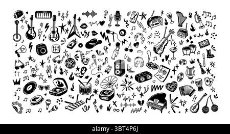 Handgezeichneter Doodle Rock, Punk, Popmusik Festival funky Hintergrund. Karaoke, Junggesellinnenabschied, Disco-grafisches Vektor-Design. EMO goth Grunge tat Stock Vektor