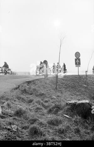 Radfahrer in Velserbroekpolder von/nach Spaarndam Radwege Radfahrer Spaarndam, Whizgle News, Dutch Desk, Niederlande, 1950 - 2000 am 04-02-1986. Die Abbildung zeigt diese Themen. Die Szene fängt einen ruhigen, etwas trüben Tag ein, an dem ein gewundener Pfad zu einem fernen Horizont führt. Im Vordergrund bilden trockene Gräser und ein kleiner, geschnittener Baumstamm eine natürliche Grenze, die auf eine ländliche oder weniger entwickelte Umgebung hindeutet. Auf dem Weg sind mehrere Radfahrer zu sehen, die jeweils in legeren Kleidern gekleidet sind, und sie scheinen sich in gemächlicher Fahrweise zu bewegen. Ihre Fahrräder variieren im Stil, mit einigen Ri Stockfoto