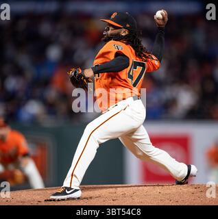 27. September 2019: In seinem zweiten Start nach Tommy John Surgery wirft der San Francisco Giants Starting Pitcher Johnny Cueto (47) im ersten Inning, während eines MLB-Spiels zwischen den Los Angeles Dodgers und den San Francisco Giants im Oracle Park in San Francisco, Kalifornien. Valerie Shoaps/CSM(Kreditbild: &Copy; Valerie Shoaps/CSM via ZUMA Wire) Stockfoto