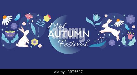 Mitte Herbst Festival Design. Kaninchen-, Narr-Mond- und Blumenelemente auf einem Poster, Banner oder Cover zum traditionellen chinesischen Festival der Mitte Stock Vektor