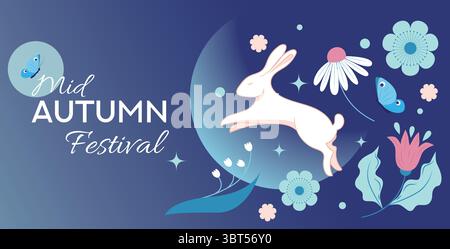 Mitte Herbst Festival Design. Kaninchen-, Narr-Mond- und Blumenelemente auf einem Poster, Banner oder Cover zum traditionellen chinesischen Festival der Mitte Stock Vektor