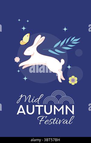 Mitte Herbst Festival Design. Kaninchen-, Narr-Mond- und Blumenelemente auf einem Poster, Banner oder Cover zum traditionellen chinesischen Festival der Mitte Stock Vektor