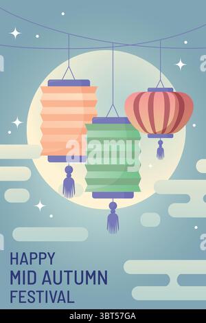 Laternen mit feinem Mond im flachen Stil. Vektor-Illustration von traditionellen chinesischen Laternen, Vollmond und stilisierten Wolken Stock Vektor