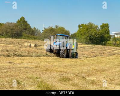 Pontypridd, Wales, Vereinigtes Königreich - 12. Juli 2025: Schlepper schleppen eine Ballenpresse, um große Rundballen aus getrocknetem Gras auf einem Feld herzustellen. Stockfoto