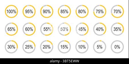 Runden Sie die Symbole für Prozentdiagramme für Infografiken von 0 bis 100 Prozent. Gelbe, graue Füllung geteilter Kreisdiagramme. Kreisdiagramm wird geladen Stock Vektor