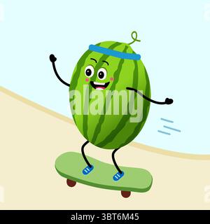 Niedliche Wassermelone, die auf einem Skateboard fährt. Cartoon Happy Wassermelone auf Skateboard. Stock Vektor