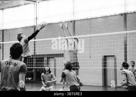 Volleyballturnier Wijk aan Zee Volleyball Wijk aan Zee, Whizgle News, Dutch Desk, Niederlande, 1950 - 2000 am 18.04.1981. Diese Themen werden in der Abbildung angezeigt. Die Szene fängt einen dynamischen Moment bei einem Indoor-Volleyballspiel vor dem Hintergrund eines geräumigen Sporthauses ein. Der Boden ist poliert und strahlt Wärme aus und unterstreicht die energetische Atmosphäre. Im Vordergrund stehen zwei Spieler, die an einem Volley beteiligt sind. Der eine trägt ein hellgraues Trikot und ist mitten in der Luft, die Arme sind vollständig ausgestreckt und versucht, den Ball zu schlagen, während er über dem Netz wölbt. Die Entschlossenheit auf ihrem Gesicht ist Stockfoto