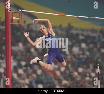 2. Oktober 2019, Doha, Katar: Sam Kendricks (USA) im Khalifa International Stadion in Doha während der Pole-Vault-IAAF Leichtathletik-Weltmeisterschaft in menâ. (Credit Image: © Graham Glendinning/SOPA Images via ZUMA Wire) Stockfoto