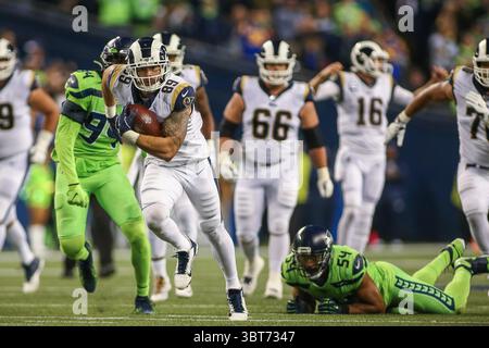 3. Oktober 2019: Los Angeles Rams Tight End Tyler Higbee (89) läuft nach Fang während eines Spiels zwischen den Los Angeles Rams und den Seattle Huskies im CenturyLink Field in Seattle, WA. Die Seahawks gewannen mit 30:29. Sean Brown/CSM(Credit Image: &Copy; Sean Brown/CSM via ZUMA Wire) Stockfoto