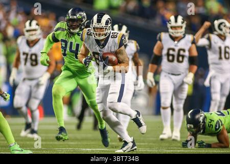 3. Oktober 2019: Der Tight End der Los Angeles Rams Tyler Higbee (89) führt den Ball nach einem Fang während eines Spiels zwischen den Los Angeles Rams und den Seattle Huskies im CenturyLink Field in Seattle, WA. Die Seahawks gewannen mit 30:29. Sean Brown/CSM(Credit Image: &Copy; Sean Brown/CSM via ZUMA Wire) Stockfoto