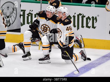 Boston Bruins Center Par Lindholm (26) und Boston Bruins Verteidiger Matt Grzelcyk (48) knien bei einem NHL-Spiel zwischen den Boston Bruins und den Dallas Stars im American Airlines Center in Dallas, Texas, 3. Oktober 2019. (Manny Flores/Cal Sport Media) Stockfoto