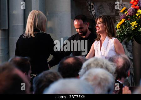 V.r. Preisträgerin und Violinistin Lisa Batiashvili, Preisträger und Pianist Igor Levit, Oberbürgermeisterin Simone Borris Magdeburg - Festakt zur Kaiser-Otto-Preisverleihung der Landeshauptstadt Magdeburg am 2. Juli 2025 im Magdeburger Dom St. Mauritius. Verleihung des Kaiser-Otto-Preises 2025, der 10. Kaiser-Otto-Preis der Landeshauptstadt Magdeburg wird in diesem Jahr an die Violinistin Lisa Batiashvili und den Pianisten Igor Levit verliehen. Mit der Preisverleihung würdigt das Preiskomitee und die Kulturstiftung Kaiser Otto das besondere gesellschaftliche Engagement der beiden Internation Stockfoto