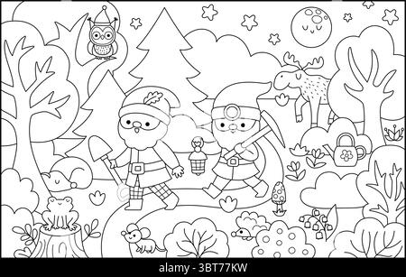 Vektor-Schwarzweiß-horizontale Szene mit Zwergen, die mit Schaufel und Laterne durch den Nachtwald gehen. Niedliche Landschaft der Zwerglinie. Waldland, f Stock Vektor