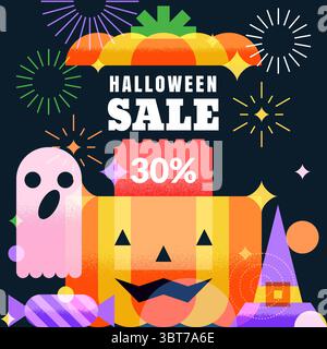 Halloween-Werbebanner-Vorlage. Vektor Moderne Illustration von geöffneter Kürbisbox, Geist, Süßigkeiten, Hexenhut und Feuerwerk. Designelemente für saisonale Diät Stock Vektor