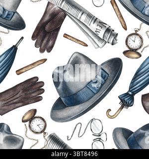 Nahtloses Muster eines Herrenthemas aus Herrenaccessoires, Hüten, Handschuhen, Regenschirmen, Stangen, und so weiter. Handgezeichnete Aquarellillustration. Toll für Stockfoto