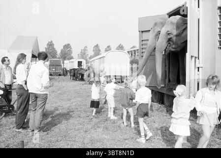 Bau des Zirkus Renz in Schalkwijk Haarlem Niederlande, Whizgle News, Dutch Desk, Niederlande, 1950 - 2000 am 07.05.1990. Die Abbildung zeigt diese Themen. Die Szene fängt einen lebendigen Moment bei einer Veranstaltung im Freien ein, möglicherweise einer Messe oder einem Zirkus. Im Vordergrund interagiert eine Gruppe von Kindern animiert, deren Gesichter vor Neugier und Begeisterung erstrahlen. Sie tragen legere, farbenfrohe Kleidung, einige tragen Shorts und leichte Hemden, die einen warmen Tag widerspiegeln. Die Erwachsenen, die leicht hinter den Kindern positioniert sind, scheinen engagiert und beobachtend zu sein, mit Ausdrücken, die suggerieren Stockfoto