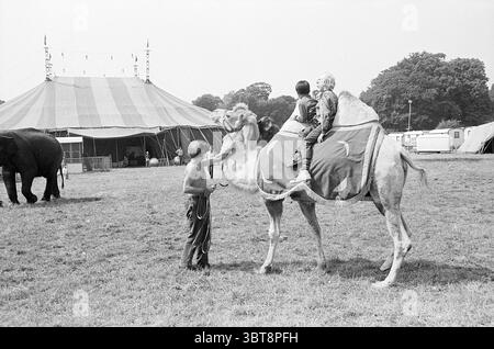 Kinder auf Kamelzirkus, Whizgle News, Dutch Desk, Niederlande, 1950 - 2000 auf 30-07-1971. Diese Themen werden in der Abbildung angezeigt. In einer weitläufigen Umgebung im Freien durchdringt eine lebhafte Zirkusatmosphäre die Szene. Der Hintergrund zeigt ein großes, gestreiftes Zelt in Rot- und Weißtönen, das über dem grasbewachsenen Feld thront, dessen Spitze mit bunten Fahnen verziert ist, die sanft im Wind flattern. Auf der linken Seite steht ein massiver Elefant anmutig, dessen dunkle Haut sich von den hellen Tönen des Zeltes abhebt. Im Vordergrund stehen zwei Kinder mit einem Kamel. Ein Kind, das auf dem Boden steht, App Stockfoto