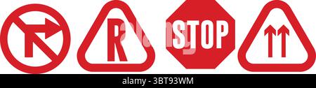 Rotes Verkehrszeichen-Symbol mit Stopp-Schild, Pfeil ohne Abbiegung und Straßenmarkierungen in flacher Symbolform Stock Vektor
