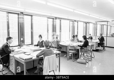 Neue Bushaltestelle in Leiden NZH Noord Zuid Hollandse Vervoersmaatschappij N.V. NZ Eröffnung Eröffnung Inbetriebnahme, Whizgle News, Dutch Desk, Niederlande, 1950 - 2000 am 28-11-1963. Die Abbildung zeigt diese Themen. Die Szene fängt eine Büroumgebung ein, die sich durch eine klare, minimalistische Ästhetik auszeichnet. Eine Gruppe von Einzelpersonen befindet sich an mehreren großen Schreibtischen, die sich fleißig mit verschiedenen Aufgaben beschäftigen. Die Schreibtische sind mit Papierstapeln und Ordnern verziert, was eine geschäftige Atmosphäre mit arbeitsbezogenen Aktivitäten suggeriert. Tageslicht strömt durch weitläufige Fenster ein und schafft ein helles, Stockfoto