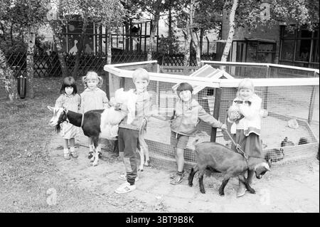 Kinder mit Tieren Streichelzoo in der Schule Tiere Kinder Kinder Kinderheime Kinderparty Kinder, Whizgle News, Dutch Desk, Niederlande, 1950 - 2000 am 14-09-1984. Das Bild enthält diese Themen. In einer lebhaften Umgebung im Freien steht eine Gruppe von Kindern zusammen, die sich mit verschiedenen Tieren beschäftigen. Die Atmosphäre strahlt ein Gefühl der Freude und Neugier aus. Links sind zwei Mädchen mit dunklem Haar eng positioniert, eines hockt sich leicht, während das andere aufrecht steht. Beide wirken enthusiastisch und tragen verspielte Ausdrücke. Das Mädchen auf der linken Seite hält einen kleinen, flauschigen Whei Stockfoto
