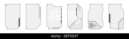 Minimales Sci fi Game-HUD mit Neon-Tasten, rechteckigen Rahmen und Cyberpunk-UI-Elementen. Weiße und schwarze Überlagerung imitiert Live-Stream-Dashboard oder VR-Player-Oberfläche. Stock Vektor