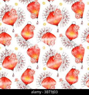 Festliches nahtloses Aquarellmuster auf weißem Hintergrund mit chinesischen roten Laternen, Blütenfächern, goldenen Münzen und Blumen. Ideal für Textilien, Wrappin Stockfoto