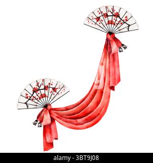 Zwei dekorative Ventilatoren mit Kirschblütenmuster, gebunden mit drapiertem rotem Stoff. Watercolor Lunar Silvester Clipart für Banner, Website-Header, Stockfoto