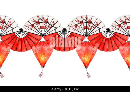 Nahtloser Rand in Aquarellfarben mit abwechselnden roten Laternen und Ventilatoren mit Pflaumenblüten. Ein festliches horizontales Design, perfekt für das chinesische New YE Stockfoto