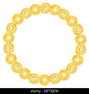 Handgemalter runder Kranz aus alten chinesischen Goldmünzen mit quadratischen Löchern. Aquarellabbildung isoliert auf weiß. Ideal für Designs mit Geldmotiven, Stockfoto