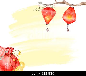 Zarte Aquarellkomposition mit zwei roten Laternen, die an einem Zweig hängen, und einem roten Beutel mit Münzen. Hellgelbe Pinselstruktur sorgt für mehr Platz Stockfoto