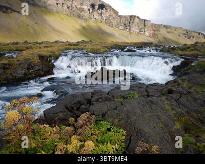 Kleiner Wasserfall über vulkanischen Felsen im abgelegenen isländischen Tal Stockfoto