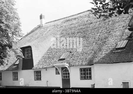 Weiße strohgedeckte „Farm“, Whizgle News, Dutch Desk, Niederlande, 1950 - 2000 im Jahr 1976. Das Bild enthält diese Themen. Die Szene zeigt ein bezauberndes Strohdach-Haus, das ein rustikales Ambiente ausstrahlt. Das Dach ist mit einer dicken Strohschicht geschmückt, die einen warmen, goldbraunen Farbton aufweist, der sich harmonisch mit den Erdtönen der umliegenden Landschaft verbindet. Die Wände des Gebäudes wirken größtenteils weiß, was einen klaren Kontrast zu den dunkleren Akzenten der Fensterrahmen und Tür bietet. Zwei kleine Fenster mit Holzläden befinden sich auf beiden Seiten der Tür; sie verleihen dem Hotel einen hübschen Touch Stockfoto