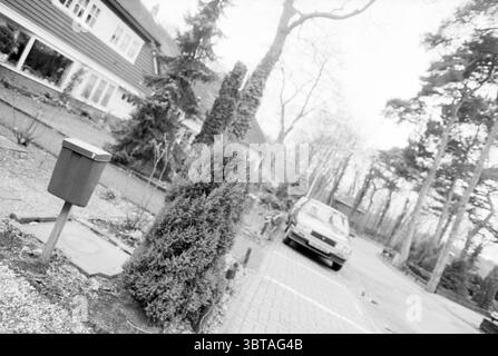 Mailbox in a Street., Whizgle News, Dutch Desk, Niederlande, 1950 - 2000 am 02-1993. Die Abbildung zeigt diese Themen. Die Szene zeigt eine ruhige Umgebung im Freien, dominiert von einem etwas unregelmäßig geformten immergrünen Busch, der auf der linken Seite deutlich sichtbar steht. Seine tiefgrüne Farbe steht im Kontrast zu den eher gedämpften Tönen der umliegenden Landschaft. Der Busch ist ein zentrales Element, das einen natürlichen Fokus in einer sanften Umgebung bietet. Neben dem Busch zieht ein Briefkasten aus Metall, der in einer schlichten, aber kräftigen Farbe bemalt ist, subtil die Aufmerksamkeit auf sich. Seine Anwesenheit deutet auf eine Wohnsituation hin, was darauf hindeutet Stockfoto