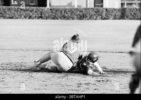 Softball Sparks - Terrasvogels, Whizgle News, Dutch Desk, Niederlande, 1950 - 2000 am 03-07-1992. Das Bild enthält diese Themen. Die Szene fängt einen intensiven Moment auf einem Baseballfeld ein, in dem zwei Spieler an einem kritischen Spiel teilnehmen. Im Vordergrund befindet sich ein Spieler, der ein leuchtendes rotes Trikot mit der Nummer 7 trägt, auf dem Boden und versucht, den gegnerischen Spieler zu markieren, der in eine Basis gleitet. Der Körper dieses Spielers ist abgewinkelt, wobei ein Bein darunter gebeugt und das andere ausgestreckt ist, was ein Gefühl der Dringlichkeit und Entschlossenheit zeigt. Der gegnerische Spieler, in einen dunklen Helm und einen gestreiften Unif gekleidet Stockfoto
