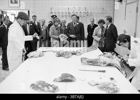 Eröffnung der neuen Trainingsküche Ripperd Barracks von van Lent Military Eröffnungen Putting in Use, Whizgle News, Dutch Desk, Niederlande, 1950 - 2000 am 09-05-1979. Das Bild enthält diese Themen. Die Szene entfaltet sich in einem geräumigen, hellen Raum, der überwiegend von weißen Wänden und hellen Fliesenböden geprägt ist. Ein langer Tisch in der Mitte ist voll mit verschiedenen Fleischstücken, die eine Vielzahl von Texturen und Farben zeigen, von hellem Rosa bis zu tiefem Rot. Über den Tisch verstreut sind mehrere große Stücke, sorgfältig angeordnet und teilweise zerlegt, die einen Sinn für den kulinarischen Ar wecken Stockfoto
