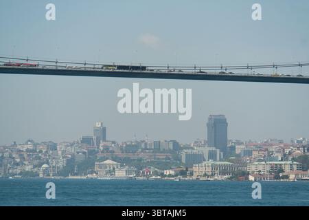Ein atemberaubender Blick auf Istanbuls Skyline von unterhalb einer Brücke, der die Mischung aus moderner Architektur und historischen Sehenswürdigkeiten am Wasser zeigt. Stockfoto