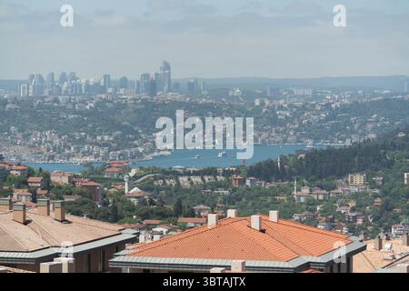 Mit Blick auf den atemberaubenden Bosporus und moderne Gebäude fängt dieser Blick auf den Hügel das Wesen des lebhaften Istanbul an einem sonnigen Tag ein. Stockfoto