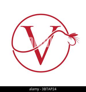 Initial Letter V Angellogo Design Konzept mit Angelhaken Symbol Vektor Vorlage Stock Vektor