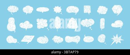 Buntstifte Sprechblasen. Set aus Buntstiften-Comic-Rahmen im handgezeichneten Stil. Schmirgelstruktur. Kindliche Vektor-Illustration isoliert auf blauem Hintergrund Stock Vektor