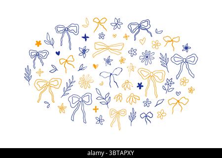 Schleifen im Skizzenstil und Kollektion mit Blumenmuster Stock Vektor