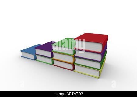 Bunte Hardcover-Bücher bilden vier aufsteigende Stapel auf weißem 3D-Renderhintergrund, Kopierraum Stockfoto