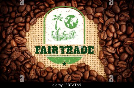 Das Fair-Trade-Logo wird in flacher Form auf Sackleinen mit einem Emblem aus Kaffeebohnen angebracht Stockfoto