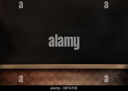 Flache Designszene zeigt glatte dunkle Tafel mit Holztablett und Kreidestaubplatte Stockfoto
