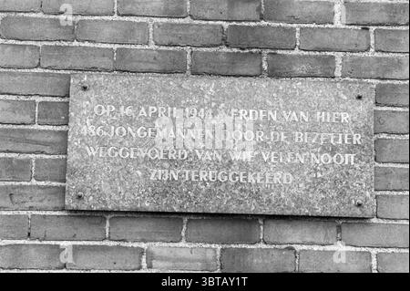 Beverwijk Station Denkmal Stein Fassade Steine Station Beverwijk Niederlande, Whizgle News, Dutch Desk, Niederlande, 1950 - 2000 am 16-12-1983. Dies sind die Themen im Bild. Die Szene verfügt über eine strukturierte Wand aus roten Ziegeln, die jeweils mit einer eigenen Oberfläche und leichten Farbvariationen versehen ist, die ein Gefühl von Tiefe und Geschichte vermitteln. An der Wand ist eine rechteckige Steintafel mit einer glatten, grauen Oberfläche und subtilen Flecken, die das Licht auffangen. Die Plakette ist schräg montiert, was auf eine absichtliche Platzierung hindeutet. Die Oberfläche des Steins trägt eine zeitlose Qualität Stockfoto