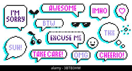 Pixelart-Sprachblase-Kollektion mit trendigen Textphrasen – Chatballons im Retro-Gaming-Stil für digitale Nachrichten. Comic-Konversationselemente, Social-Media-Aufkleber. 8-Bit-Kommunikationsgrafik Stock Vektor
