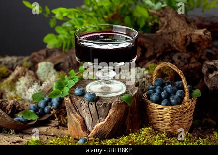 Heidelbeermarmelade mit frischen Beeren auf einem alten Baumstamm im Wald. Ein Konzept von gesunder, umweltfreundlicher Ernährung. Stockfoto
