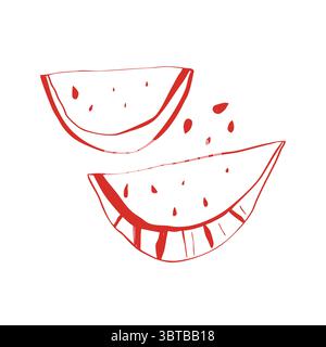 Minimaler Wassermelonenschnitt mit Samen in handgezeichneter Doodle-Art auf weißem Hintergrund Stock Vektor