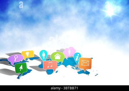 Die digitale Illustration zeigt eine blaue Weltkarte mit bunten Pin-Symbolen unter stilisiertem Sonnenhimmel Stockfoto