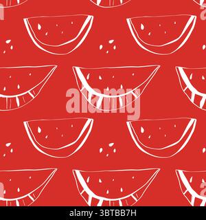 Nahtloses Muster von weißen Wassermelonen-Kritzeleien, verstreut auf leuchtendem rotem Hintergrund Stock Vektor
