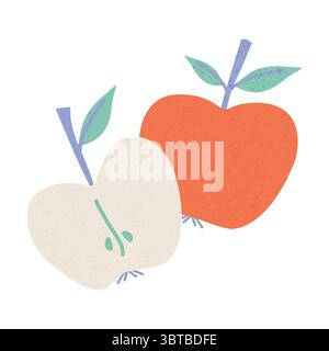Reifer Apfel, Apfelscheibe und Samen auf weißem Hintergrund. Flache Hand gezeichnete strukturierte Vektorillustration isoliert auf weißem Hintergrund Stock Vektor